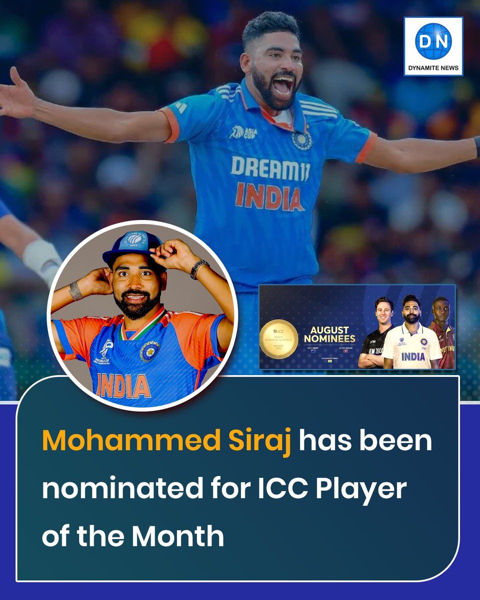 Dynamite News (@dynamitenews_) on Twitter photo Mohammed Siraj has been nominated for the ICC Player of the Month award for August. His fiery spell against England might just earn him a big reward.
<a href="/mdsirajofficial/">Mohammed Siraj</a> #ICCAwards #TeamIndia #ENGvsIND Mohammed Siraj has been nominated for the ICC Player of the Month award for August. His fiery spell against England might just earn him a big reward.
<a href="/mdsirajofficial/">Mohammed Siraj</a> #ICCAwards #TeamIndia #ENGvsIND