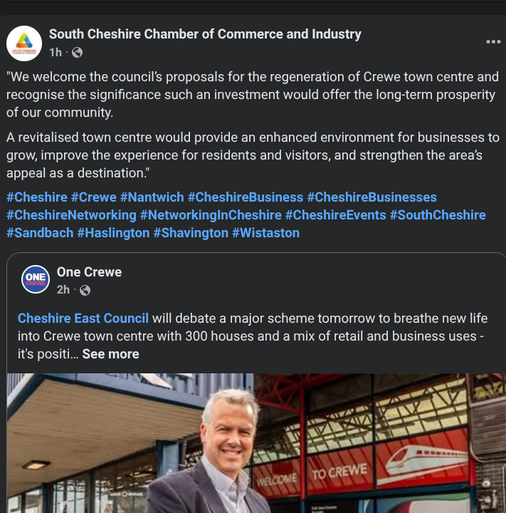 The Chamber of Commerce rejects a popular business like The Range in the town centre preferring housing. #Crewe #MiddleClassClique #Overlords #Betrayal #BlackSeptember #Resist #WeAreNotAllOneCrewe