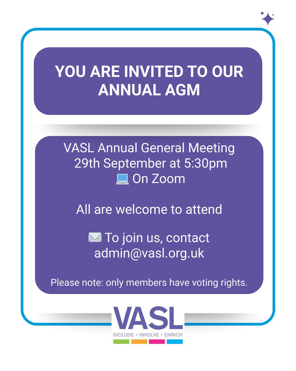 VASL:  Your local charity (@vaslonline) on Twitter photo Our AGM is happening on 29th September at 5:30pm (Zoom) 💫
Everyone is welcome, but only members can vote. 
Contact us to find out more - 01858 433232 or admin@vasl.org.uk Our AGM is happening on 29th September at 5:30pm (Zoom) 💫
Everyone is welcome, but only members can vote. 
Contact us to find out more - 01858 433232 or admin@vasl.org.uk