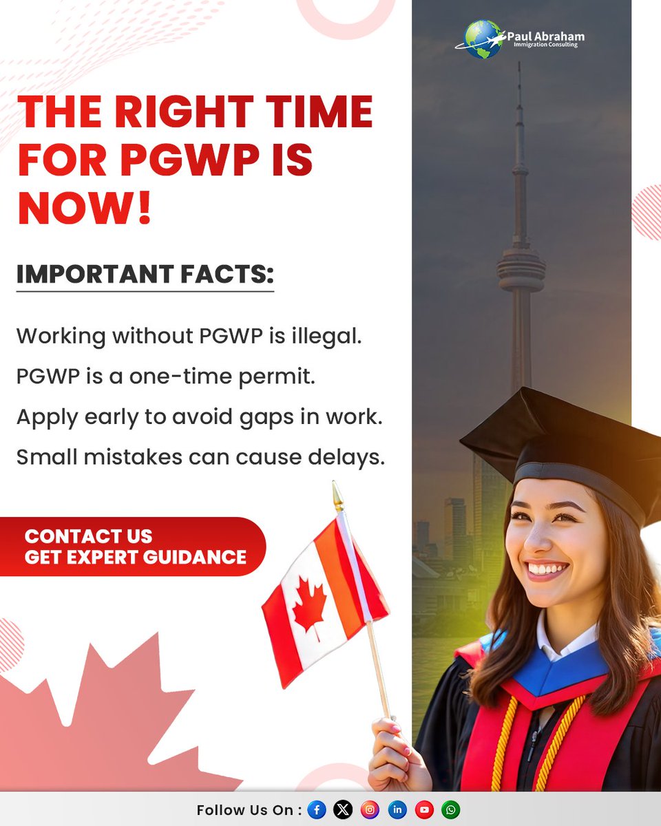 ⏳ Your graduation cap is just the beginning.
The PGWP clock is ticking—apply on time and step into your Canadian career with confidence.

📞 Book your consultation today!

#immigrationconsulting #pgwpcanada #PGWP #studyincanada #studyvisa #StudyAbroad #studypermit #movetocanada
