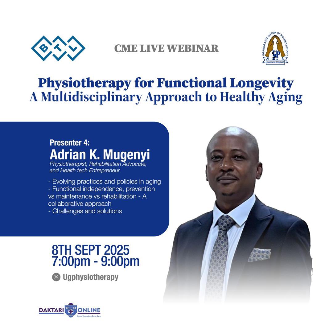 <a href="/AdrianKMugenyi/">Adrian Mugenyi</a> — Physiotherapist with 15+ years of clinical experience and Team Lead <a href="/TheRehabclinic/">The Rehab Clinic</a> will be speaking on: Evolving practices and policies in ageing. 

Register now: us06web.zoom.us/webinar/regist…

#WorldPTDay2025  <a href="/DaktariOnline/">Daktari Online</a> #BTL