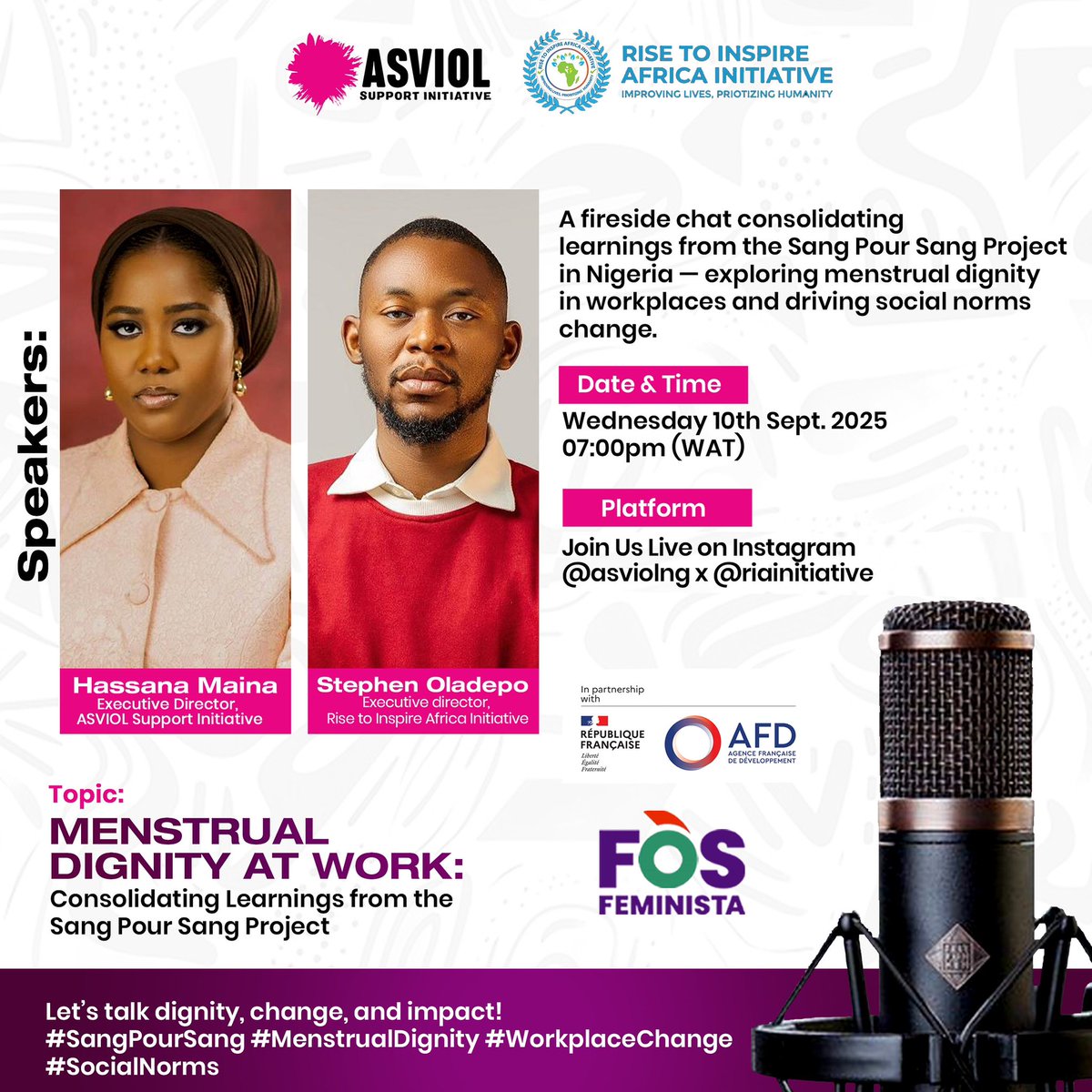 Let’s talk Menstrual Dignity! 

We’re bringing you a Dignity Dialogue, sharing insights from our speakers, the Executive Directors of <a href="/ASVIOLNg/">ASVIOL</a> and RIA Initiative. 

Come ready to learn and lean into change!