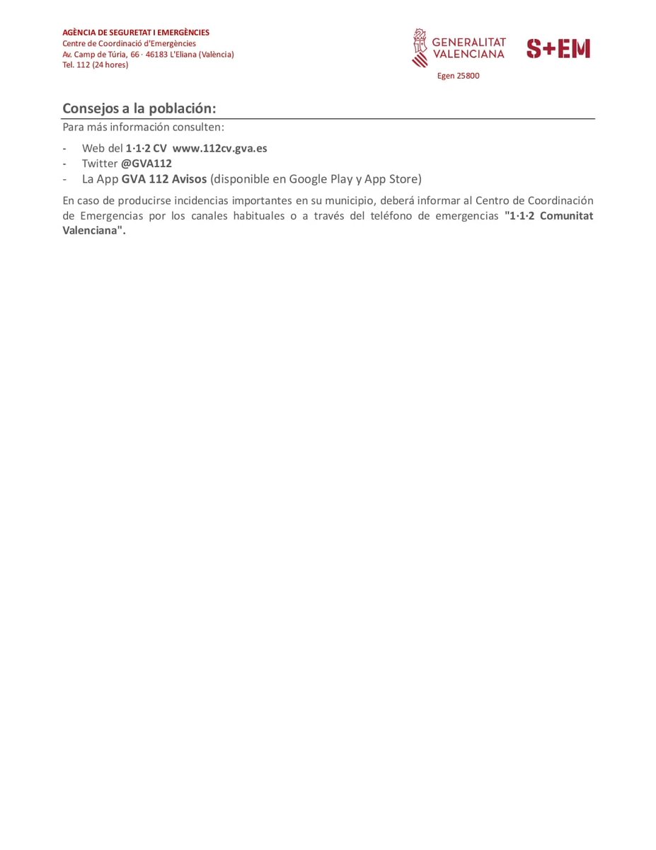 (14:15 h) 🚨El Centro de Coordinación de Emergencias de la <a href="/generalitat/">Generalitat</a> emite un nuevo aviso especial ante el episodio de lluvias intensas y tormentas en la Comunitat Valenciana⬇️