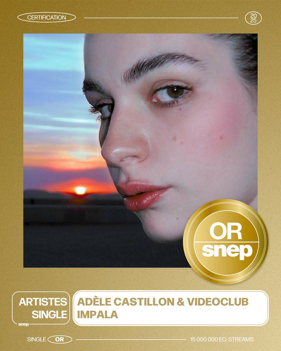 Le titre « Impala » d’Adèle Castillon &amp; Videoclub est certifié Single Or ! 📀

15 000 000 équivalents streams 🎧

Bravo ! 👏
