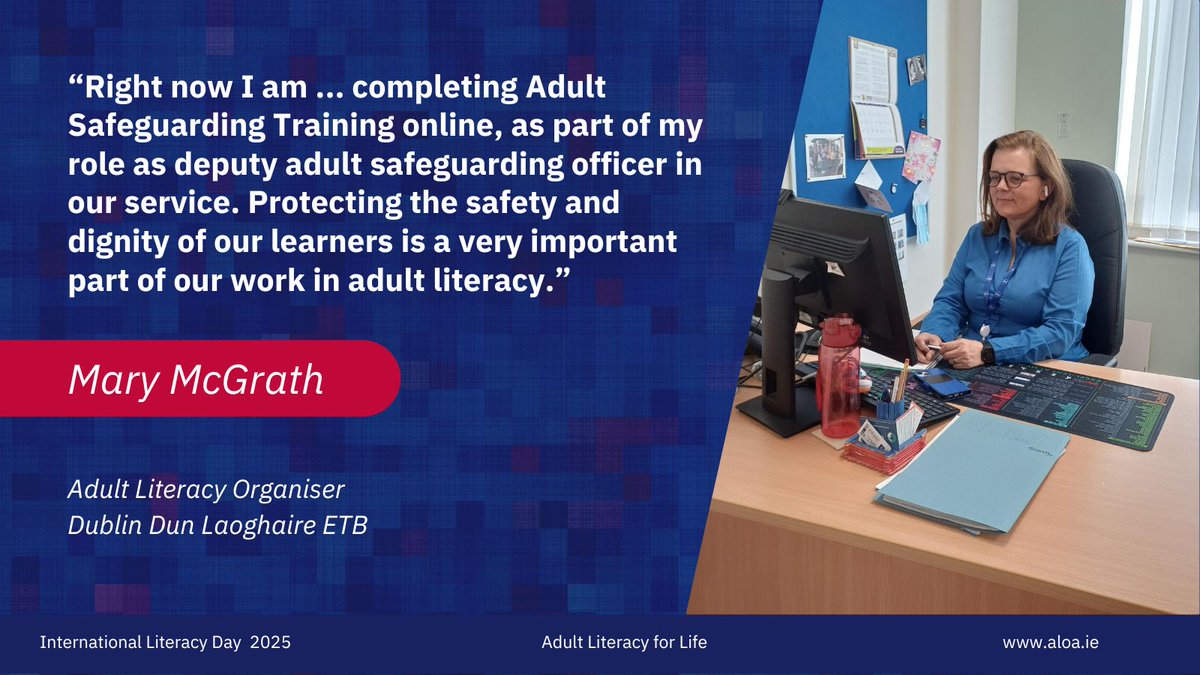 To mark #InternationalLiteracyDay, we asked our busy Adult Literacy Organisers to tell us what they are doing.   #RightNowIAm 
Mary McGrath <a href="/ddletb/">Dublin & Dún Laoghaire ETB</a> @fingalaes is doing adult safeguarding training 
<a href="/SOLASFET/">SOLAS</a>
<a href="/ETBIreland/">ETBI</a>
