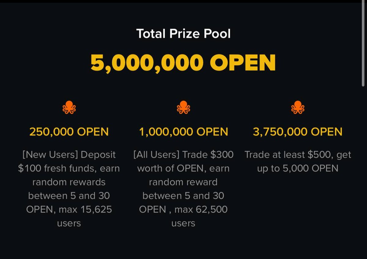 DGPUB_VN's tweet photo. 🔥 $OPEN NEW CAMPAIGN: NHẬN SHARE POOL 5,000,000 OPEN

➡️Đăng ký tài khoản: 💰 BINANCE https://t.co/aInnWOW4g6

➡️Join Event: https://t.co/mtZzYNcEZI

⭐️ Dành cho người dùng MỚI: 250,000 OPEN

▪️ Gửi min 100 USDT hoặc OPEN thông qua Binance P2P, thẻ, tiền pháp định và/hoặc tiền điện tử nhận random 5 -> 30 OPEN
▪️ FCFS 15,625 slots

⭐️ Dành cho TẤT CẢ người dùng: 1,000,000 OPEN

▪️ Giao dịch Mua/Bán ít nhất 300$ cặp OPEN/USDT để NHẬN random 5 -> 30 OPEN
▪️ FCFS: 62,500 slots

⭐️ Cuộc thi khối lượng: Pool 3,750,000 OPEN

▪️ Tạo volume càng nhiều bú càng ác. Này nhường cá mập chứ ae k đú được đâu!

LÀM GIẢI NHÓT 60 OPEN LÀ ĐẸP CÁC KHẦY!