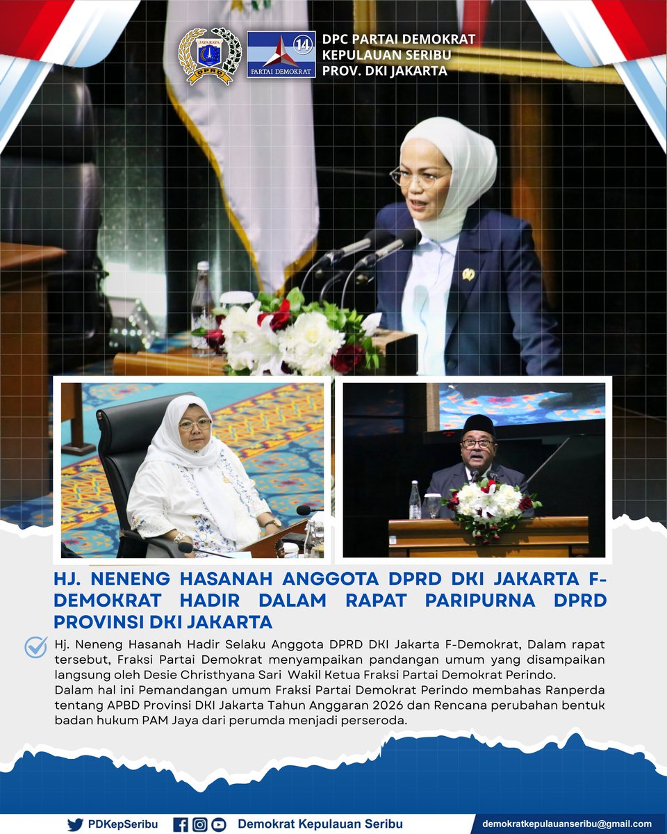 Hj. Neneng Hasanah Hadir Selaku Anggota DPRD DKI Jakarta F-Demokrat, Dalam rapat tersebut, Fraksi Partai Demokrat menyampaikan pandangan umum yang disampaikan langsung oleh Desie Christhyana Sari Wakil Ketua Fraksi Partai Demokrat Perindo

#PartaiDemokrat #DemokratDKI #Demokrat24