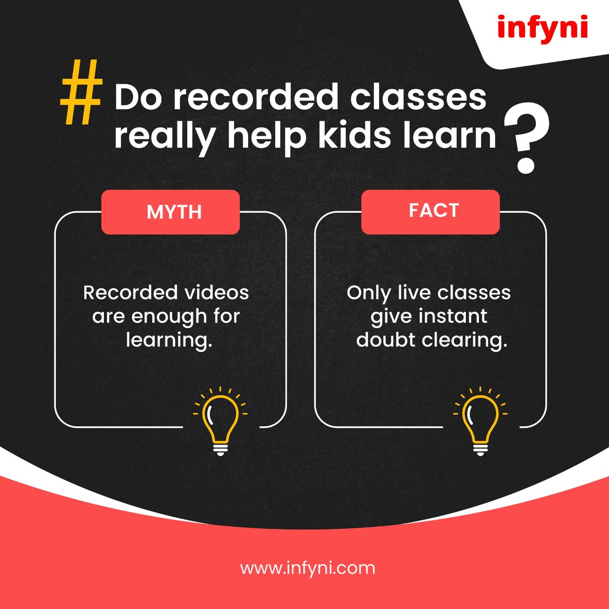 infyni_2018's tweet image. 𝐌𝐲𝐭𝐡 𝐨𝐫 𝐅𝐚𝐜𝐭?
When it comes to your child’s learning, not everything you’ve heard is true.

👉 Discover the difference between myths and meaningful learning at infyni.com

#Infyni #MythVsFact #LiveLearning #FutureReadyKids #ParentingTips