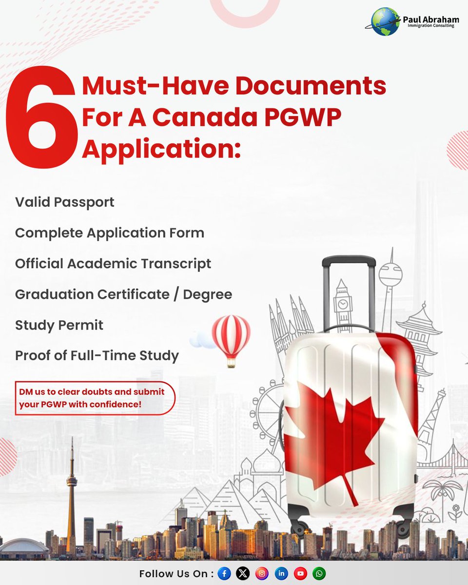 📑 Applying for a PGWP in Canada?
Here are the 6 essential documents every applicant must have before applying.

#immigrationconsulting #pgwpcanada #PGWP #studyincanada #studyvisa #StudyAbroad #studypermit #movetocanada