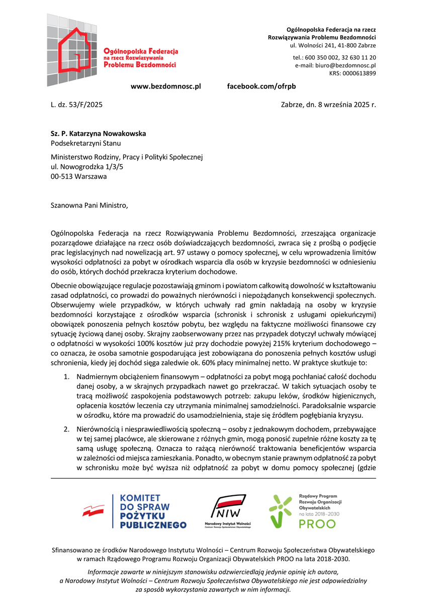 Wystąpilismy dziś do Min. <a href="/nowakowska_ka/">Katarzyna Nowakowska</a> o zmiany w programie #PokonaćBezdomność - drive.google.com/file/d/1sxRlAS… - oraz o regulację nadmiernych odpłatności za pobyt w placówkach od osób przekraczajacych kryterium dochodowe - drive.google.com/file/d/1IEJUMq…