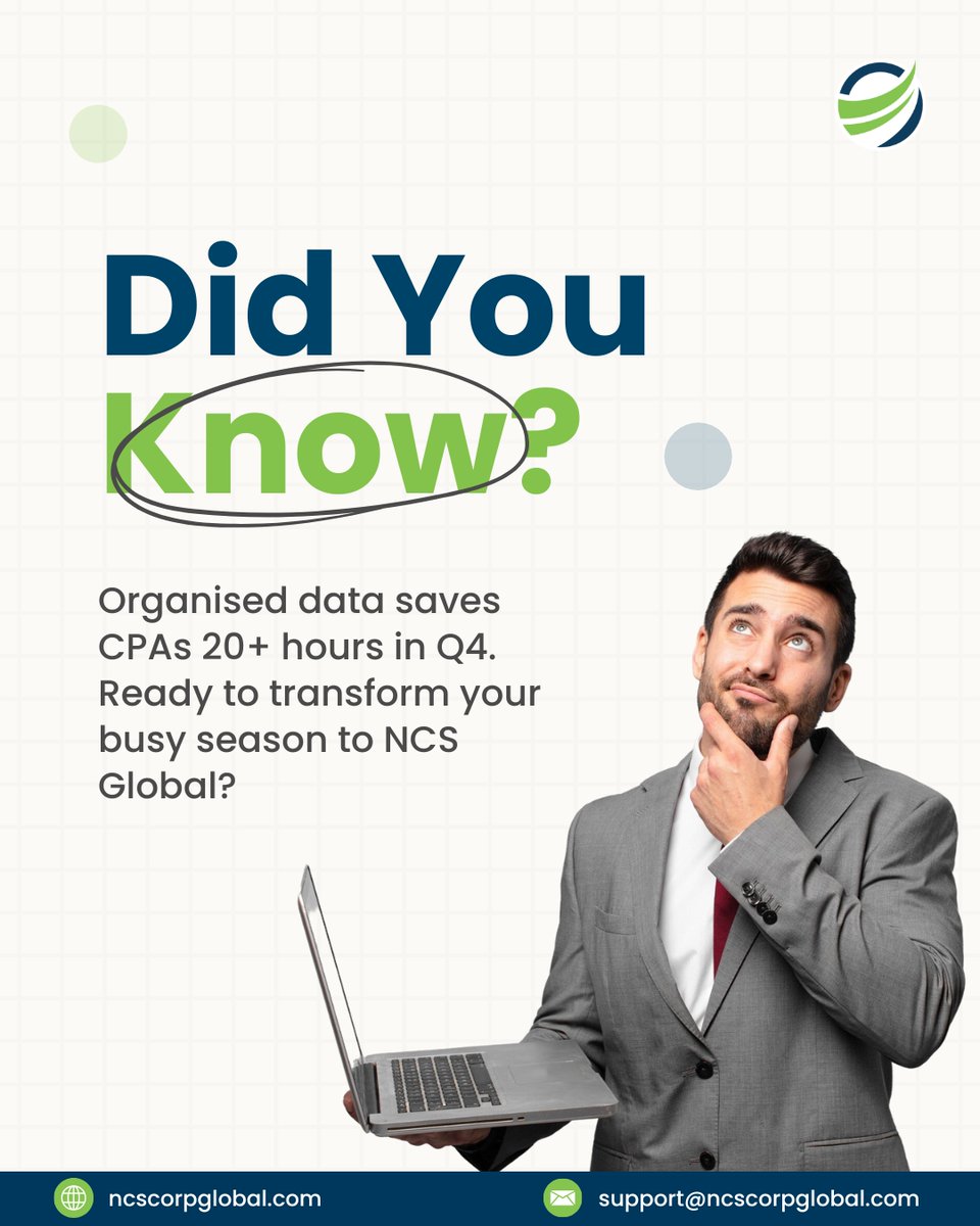 NCS_Global_'s tweet image. Busy season doesn’t have to mean long hours.

With NCS Global’s organised data support, CPAs save 20+ hours in Q4 - time that can be redirected towards strategy, clients, and growth.

#NCSGlobal #CPAEfficiency #SmartOutsourcing #AccountingExcellence #TimeIsValue #CPACommunity