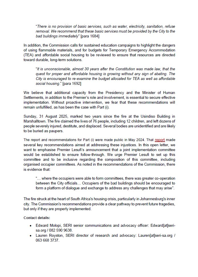 [PRESS STATEMENT] On 4 Sept 2025, Premier Panyaza Lesufi released the report of Part (ii) of the Khampepe Commission, which has found that dire poverty &amp; not 'hikjacking' is the root cause of the housing crisis in Johannesburg's inner-city.

Read here | bit.ly/4noIWlx