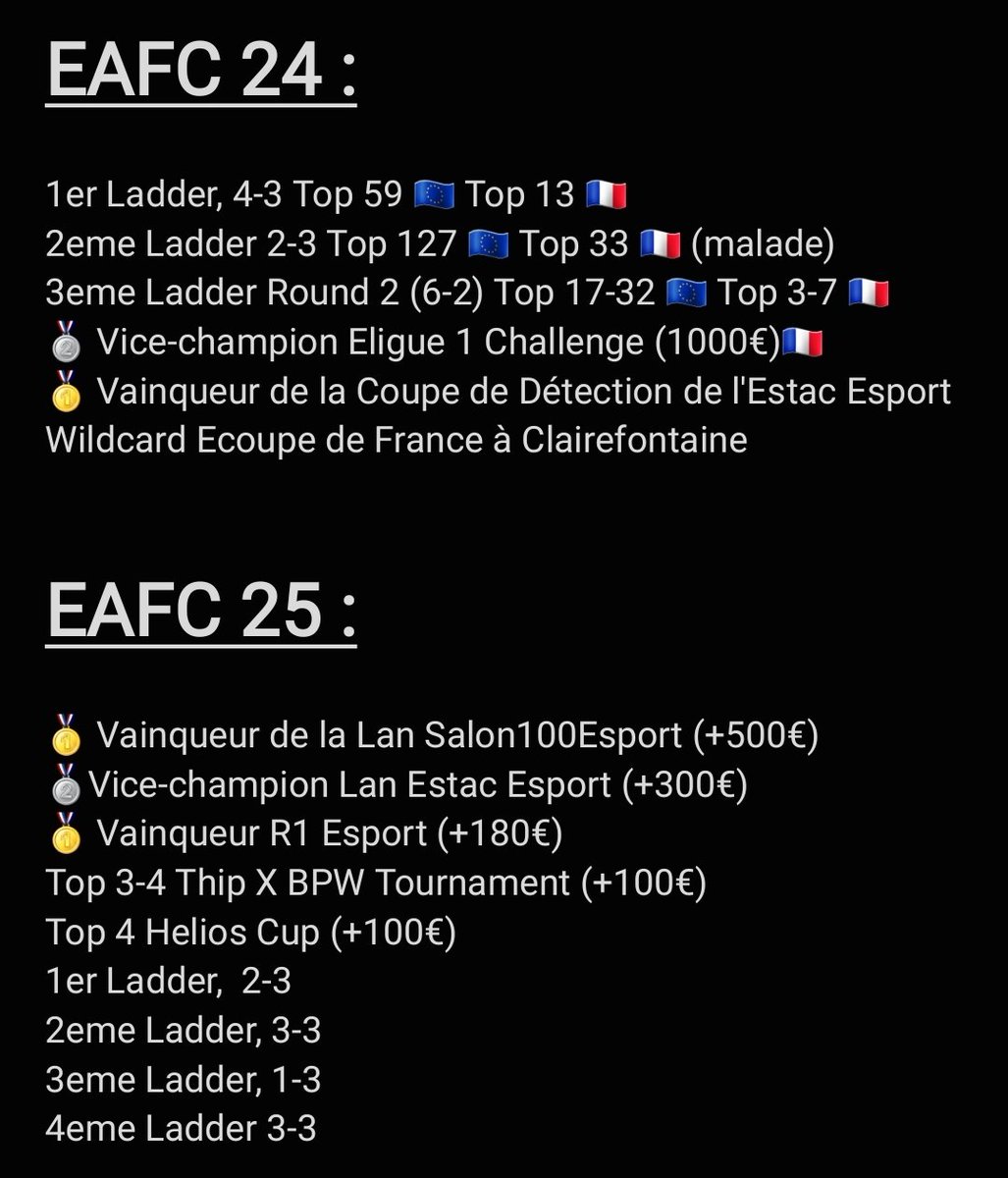 Loris_4K (@loris_4k) on Twitter photo 🆕️ F/A
Étant en fin de contrat avec l'<a href="/ESTAC_esports/">ESTAC Esports</a> , je suis ouvert à toute proposition pour la saison prochaine sur EAFC 26.
Je suis très motivé à faire la meilleure saison possible, ayant, je pense, compris les erreurs du passé. 🔥
❤️/RT , Merci beaucoup. 🆕️ F/A
Étant en fin de contrat avec l'<a href="/ESTAC_esports/">ESTAC Esports</a> , je suis ouvert à toute proposition pour la saison prochaine sur EAFC 26.
Je suis très motivé à faire la meilleure saison possible, ayant, je pense, compris les erreurs du passé. 🔥
❤️/RT , Merci beaucoup.