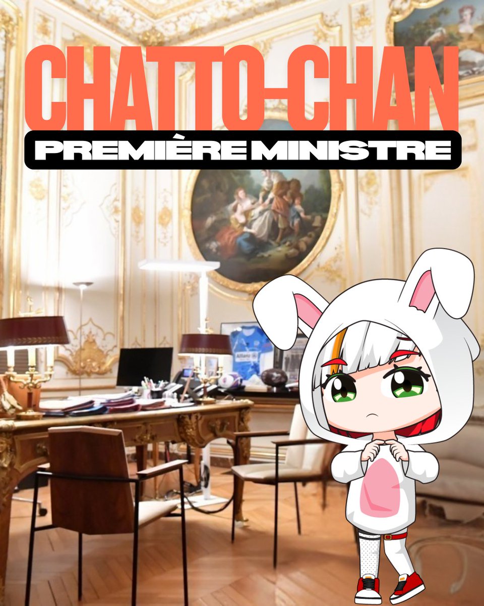Au point où on en est… autant élire Chatto-chan comme prochaine Première ministre 🤭🇫🇷✨

Au programme :

📚 Un Pass Manga pour tous
🚫🍍 Fin de la pizza à l’ananas dans les pizzerias
🤗💖 Un jour férié dédié aux câlins et papouilles

🗳️ VOTEZ Chatto-chan !

#AssembleeNationale