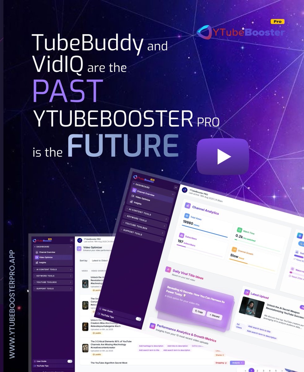 LightWaight's tweet image. YTubeBooster PRO combines all essential YouTube creator tools in one powerful platform - from AI content creation to SEO optimization, analytics, and growth tracking.  Free trial at bit.ly/YTBoosterPro
#YTubeBoosterPro #CreatorInsights #YouTubeSEO