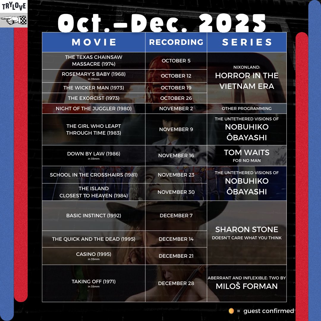 From 👻🎃🔪…
To 🎄🎅🔔…

Here’s what we’re covering this fall on Trylove! 

See something you love? DM us or email trylovepodcast@gmail.com about claiming a guest spot! 🎙️