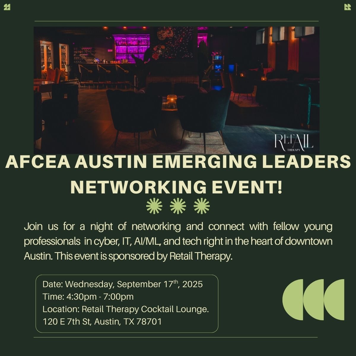 Join AFCEA Emerging Leaders from Austin, San Antonio &amp; beyond for a relaxed night of networking at Retail Therapy in downtown Austin. Bring a friend in AI, cyber, tech, or gov service! 

Register here: alamoafcea.org/events/EventDe…

#AFCEA #EmergingLeaders