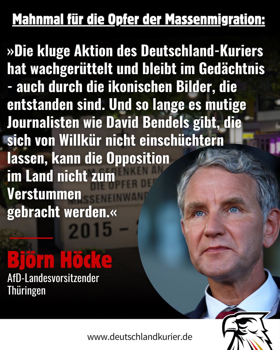Deutschland Kurier (@deu_kurier) on Twitter photo 🔥 #Klartext des Landesvorsitzenden der
<a href="/AfD_Thueringen/">AfD Thüringen</a> und Vorsitzenden der <a href="/AfD_ThL/">AfD-Fraktion Thüringen</a>, <a href="/BjoernHoecke/">Björn Höcke</a> (<a href="/AfD/">AfD</a>) zur #DK🇩🇪-#Mahnmal-Aktion für die Opfer der #Massenmigration!🔥 🔥 #Klartext des Landesvorsitzenden der
<a href="/AfD_Thueringen/">AfD Thüringen</a> und Vorsitzenden der <a href="/AfD_ThL/">AfD-Fraktion Thüringen</a>, <a href="/BjoernHoecke/">Björn Höcke</a> (<a href="/AfD/">AfD</a>) zur #DK🇩🇪-#Mahnmal-Aktion für die Opfer der #Massenmigration!🔥
