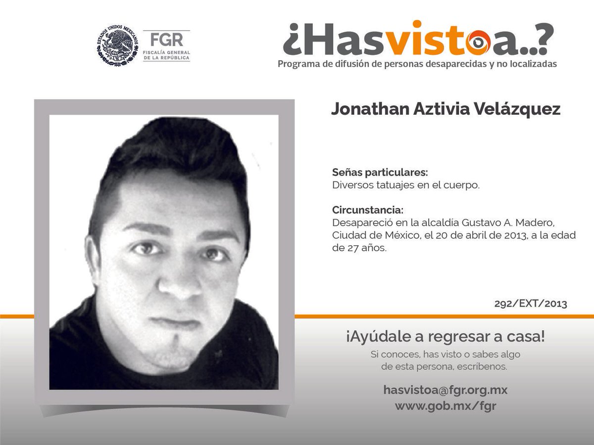 #Comparte, alguien puede tener algún dato que ayude a encontrarle o si conoces, #HasVistoA escribe al correo hasvistoa@pgr.gob.mx

¡Somos personas ayudando a otras personas! buff.ly/4dD7diW #Desaparecidos #Desaparecidas #HastaEncontrarte #México.

<a href="/FGRMexico/">FGR México</a>.