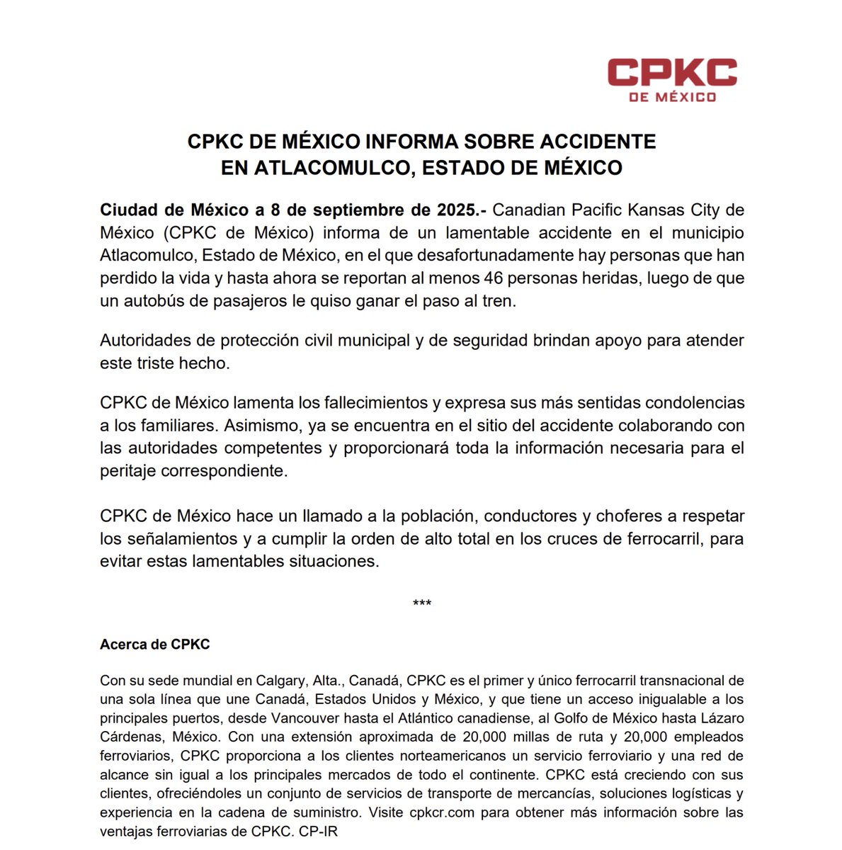 CPKC de México hace un llamado a la población, conductores y choferes a respetar los señalamientos y a cumplir la orden de alto total en los cruces de ferrocarril, para evitar accidentes como el de esta mañana en Atlacomulco, Estado de México.

Aquí el comunicado de prensa: