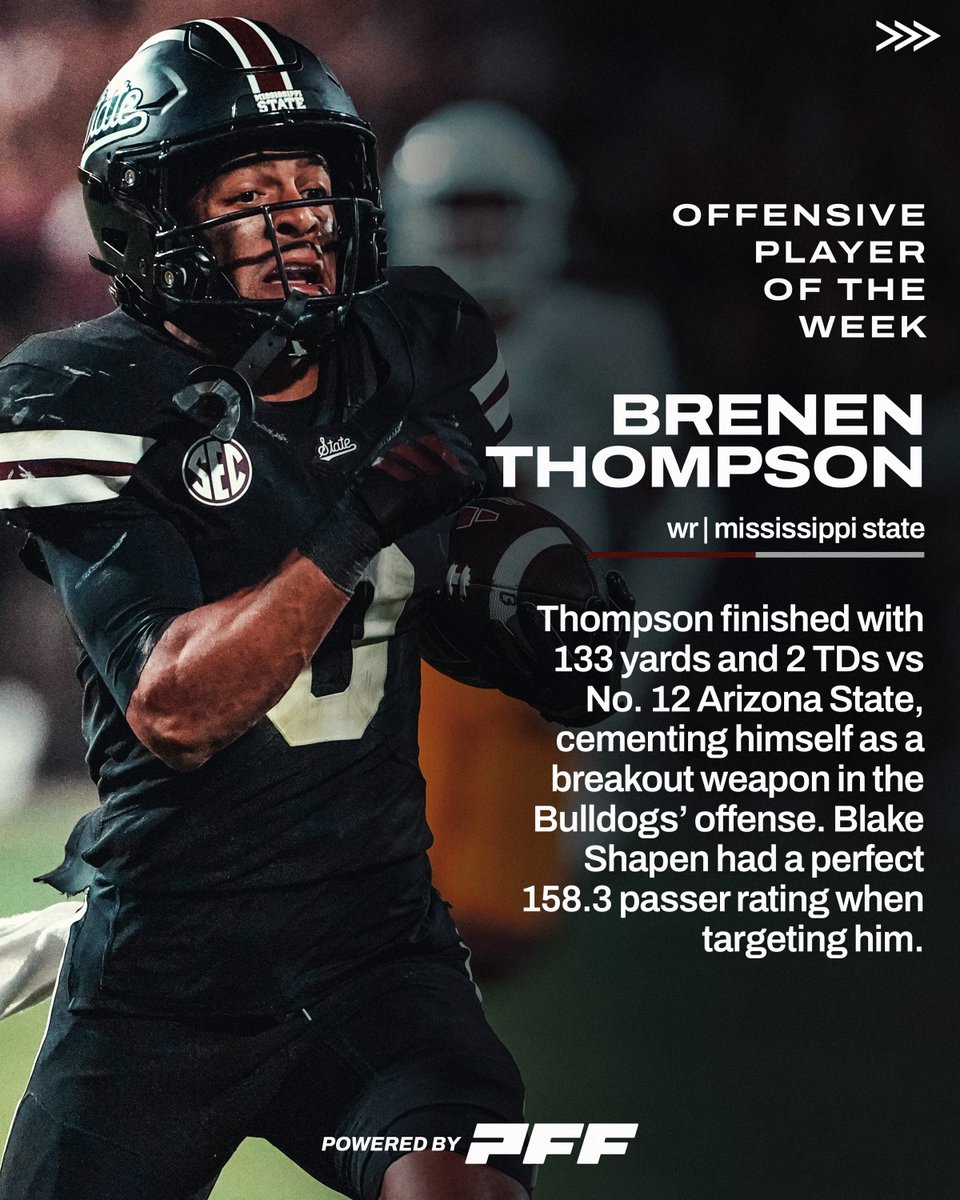 PFF College (@pff_college) on Twitter photo PFF’s Week 1 Offensive Player of the Week:
🐶 Brenen Thompson, Mississippi State
<a href="/HailStateFB/">Mississippi State Football</a> PFF’s Week 1 Offensive Player of the Week:
🐶 Brenen Thompson, Mississippi State
<a href="/HailStateFB/">Mississippi State Football</a>