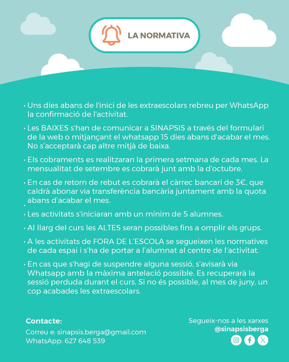 ⚠️ÚLTIMS 2 DIES D’INSCRIPCIONS‼️

👉Més de 340 nens i nenes ja s’han inscrit i ja hem superat les inscripcions del curs passat.

📲 I volem ser més, feu inscripció a sinapsisberga.cat

#Extraescolars #Berga
