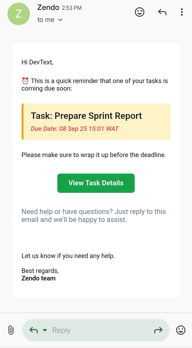 DevText16's tweet photo. Hello π
Update on #Zendo
So I added the assignees field to the task model to be able to assign a task to multiple team members.
Updated the UI for the due date email template.
Done with the team's feature (backend), next: Frontend π
#buildinginpublic
https://t.co/GKiZGE7hx6 https://t.co/QaazO5NosJ