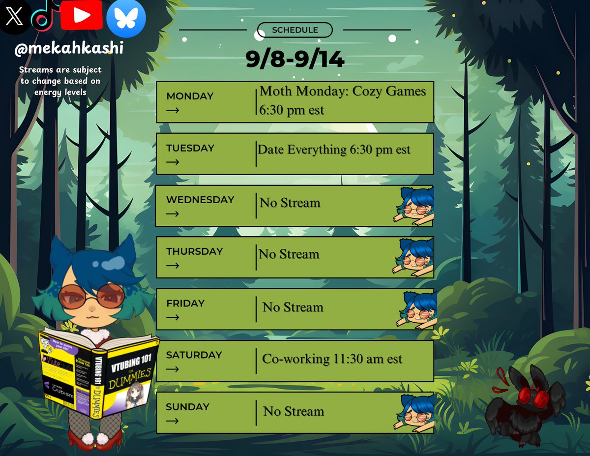 This week's #twitch schedule! 

Starting with an evening of cozy gaming tonight at 6:30 pm EST &lt;3