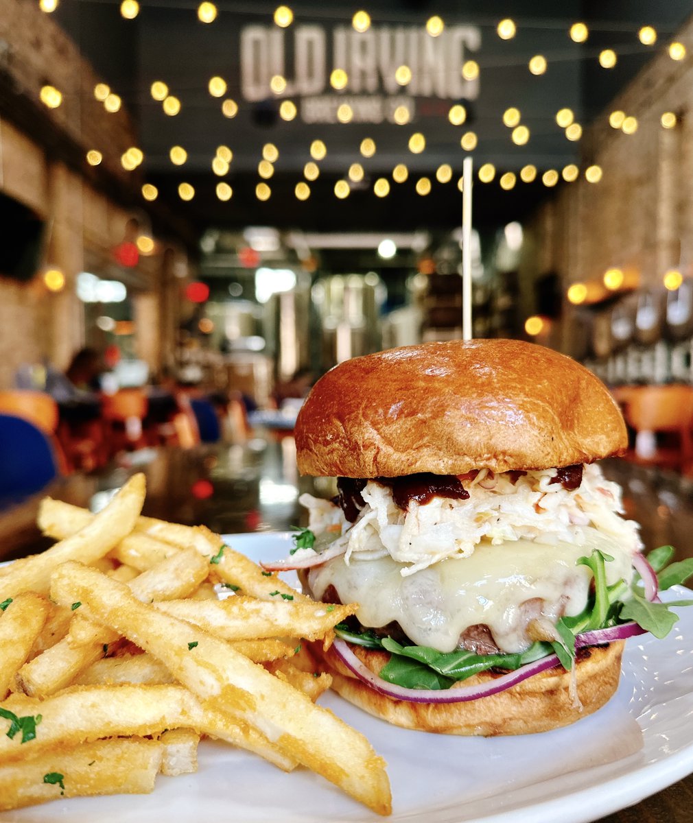 OldIrvingBeer's tweet photo. #burgeroftheweek = Harvest Burger! 8oz Prime beef patty wood-fire grilled to your temp, Swiss cheese, apple coleslaw, jalapeño-cherry sauce, red onion, and arugula on a toasted brioche bun. Tasty! Good thru Sunday. https://t.co/5bjUfOti4o