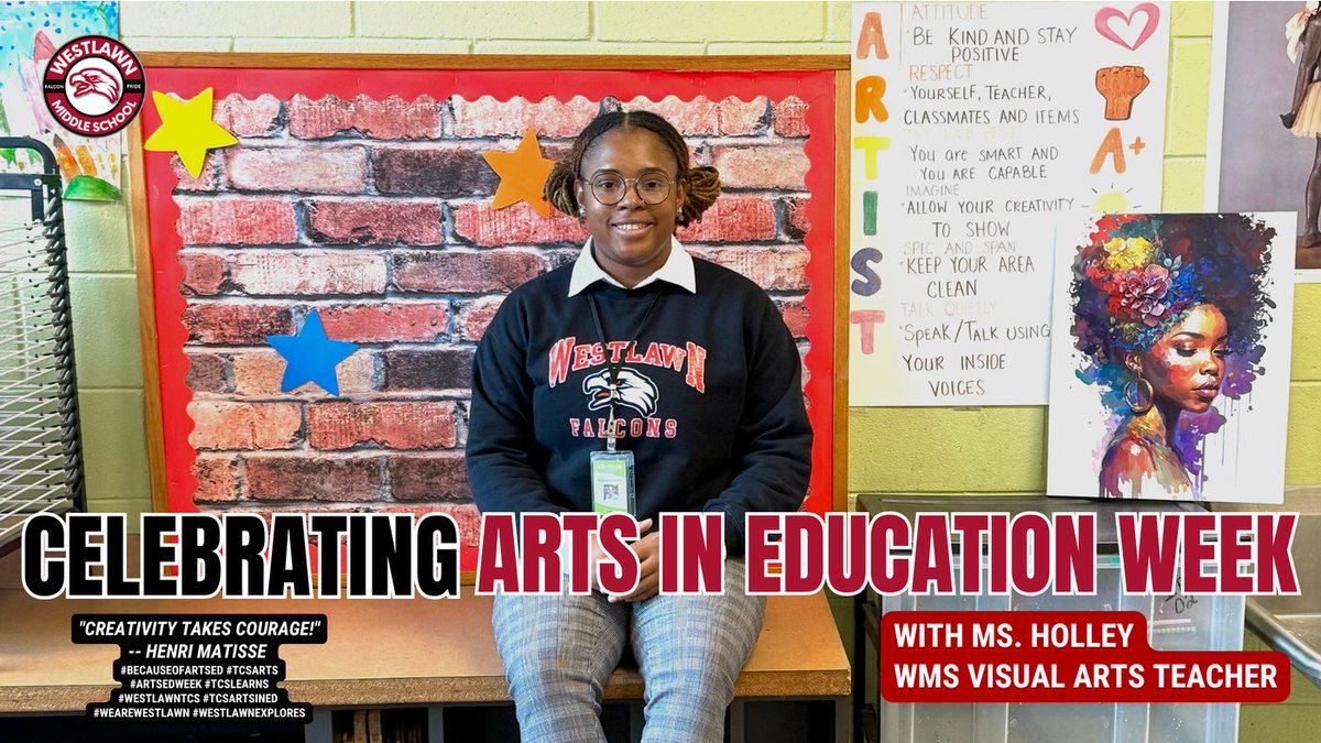 🎨 Celebrating National Arts in Education Week!

We’re so lucky to have Star Holley, our talented visual arts teacher, inspiring Falcon students to be their most creative selves each day. 🌟

#WeAreWestlawn #FalconPride #ArtsInEducationWeek

<a href="/TCSBoardofEd/">T🍏S Board of Ed</a> <a href="/TCSArts/">Jeff Schultz</a>