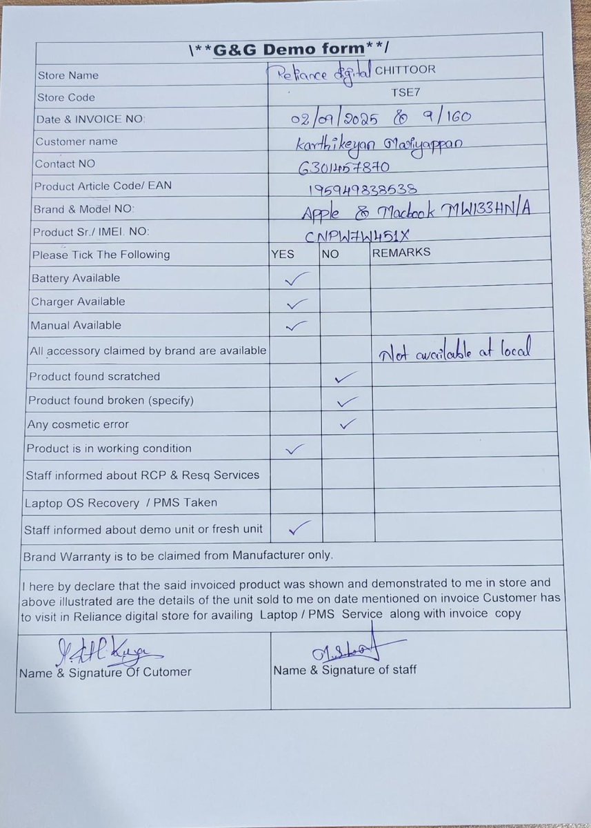 MknKarthi's tweet photo. @RelianceDigital Bought a MacBook from @RelianceDigital on 2 Sept.
Found a defect (white patch on display) on 3 Sept, reported immediately &amp; shared images via WhatsApp with store agent. Got job sheet from @iPlanetCare, but Reliance is still delaying replacement saying “mail sent, wait 2–3 days.” https://t.co/CldZ8rf3Yr