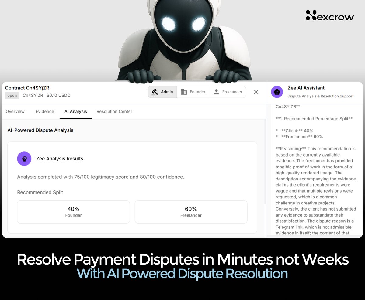 Nexus_mls's tweet image. Payment Disputes becomes a thing of the past with Nexcrow
Whenever a dispute occurs between Clients or Contractors over Escrowed Funds, our Ai Agent will analyze
Contract Deliverables and Scope of Agreement
to recommend a Fast and Fair Payment Percentage Split between the…