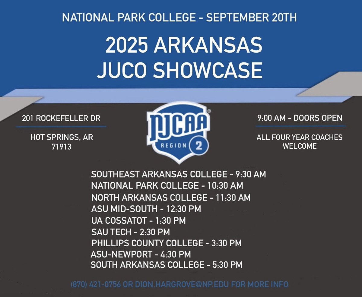 🚨4 year coaches🚨

We are under 2 weeks away from our showcase at National Park College. Come see for yourself how good Arkansas JUCO really is.