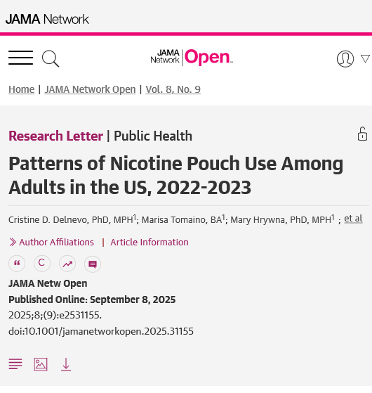JAMANetworkOpen's tweet image. Among over 100,000 US adults, #nicotine pouch use was low overall but higher among males, non-Hispanic Whites, and recent #cigarette or #tobacco quitters, while almost absent among those without prior tobacco use. ja.ma/3VFgGz0