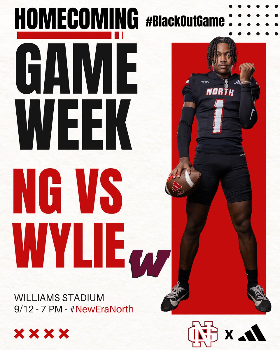 North Garland HS Football (@ngarlandfb) on Twitter photo GAME WEEK! HOMECOMING WEEK! Pack the stands, bring the energy!
📅: Friday, September 12th
⌚️: 7 PM
📍: Williams Stadium
📢: BLACK OUT - WEAR ALL BLACK
#BeatWylie | #NewEraNorth | #BlackOutGame GAME WEEK! HOMECOMING WEEK! Pack the stands, bring the energy!
📅: Friday, September 12th
⌚️: 7 PM
📍: Williams Stadium
📢: BLACK OUT - WEAR ALL BLACK
#BeatWylie | #NewEraNorth | #BlackOutGame