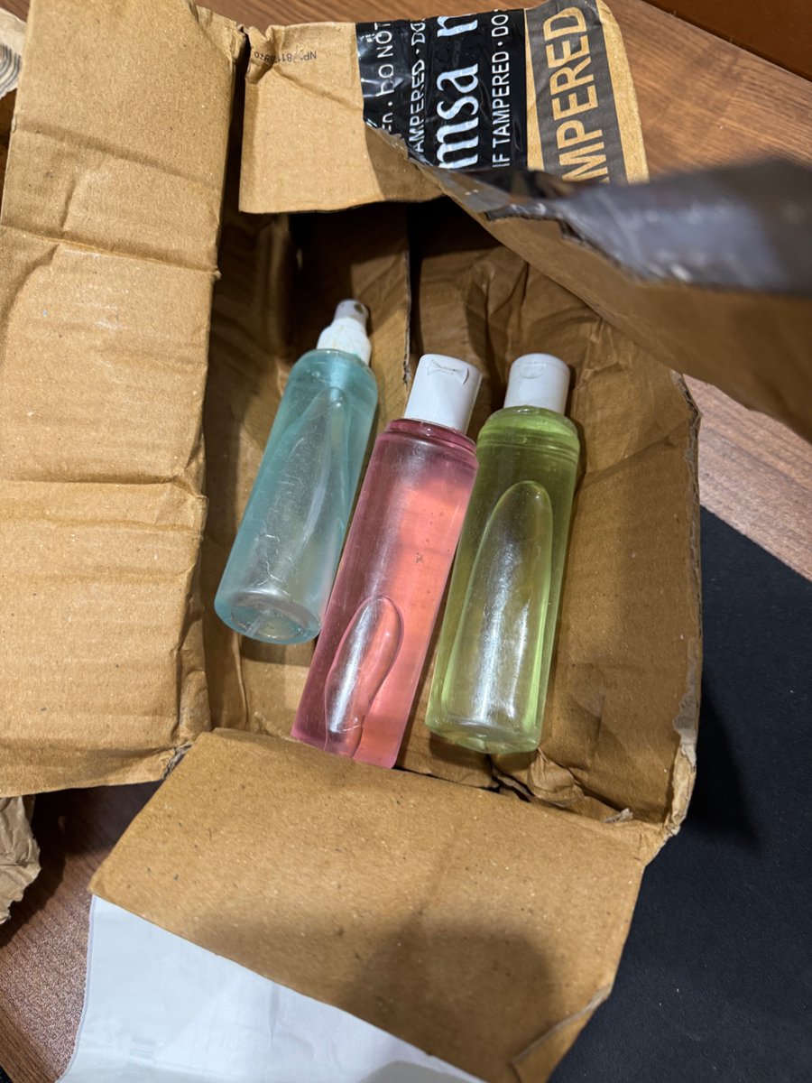 thor0301's tweet photo. First Myntra sent me L-Cartinine instead of perfume, now in exchange I got dirty plastic bottles with random liquid! #MyntraScam

@MyntraSupport @myntra https://t.co/mrMg9n2t08