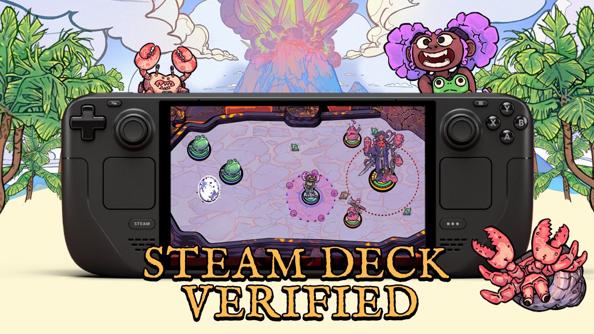 Soon you'll be able to take your frog army on the go 🐸 

Flick Shot Rogues is Steam Deck Verified! 💥 Launching Sept 17, made by the legends <a href="/butterByTheFish/">Flick Shot Rogues - Wishlist Now 🦀</a>  #gamedev #indiegame #steamdeck #steamgame #roguelite