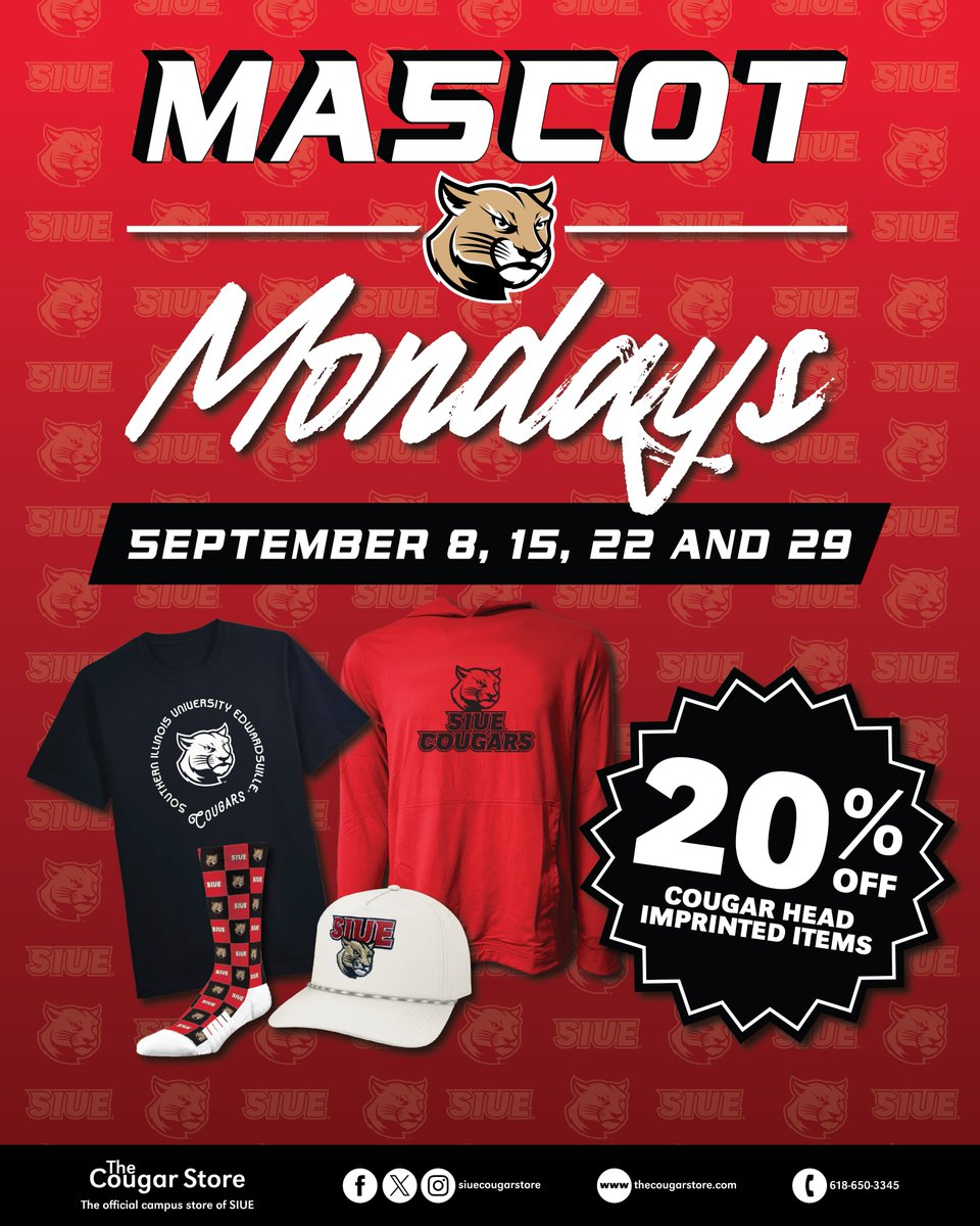 mucsiue's tweet photo. It's Mascot Monday at the SIUE Cougar Store! On September 8, 15, 22 and 29, save 20% on cougar head imprinted items. #SIUE https://t.co/7rA31vzpGk