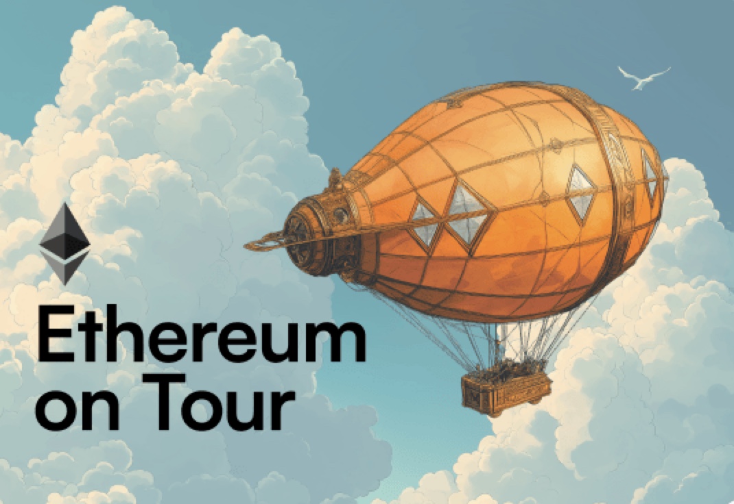 Illustration of an Ethereum-themed airship floating in the sky