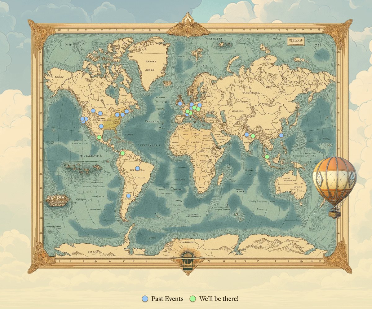 Vintage-style world map highlighting past and upcoming Ethereum on Tour locations
