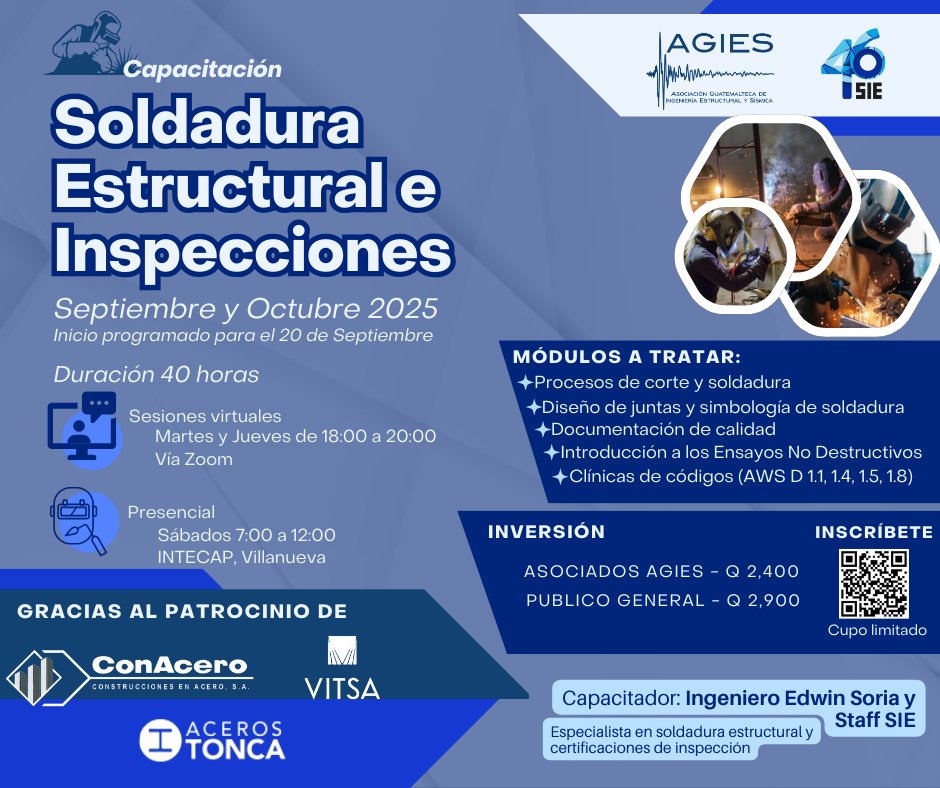 💥 Capacitación en Soldadura Estructural e Inspecciones
📅 Inicio: 20 de septiembre
 💻📍 Modalidad Híbrida
 📚 Conoce los módulos a tratar.
⚠️ ¡Cupos limitados! Asegura tu lugar ahora: forms.gle/bWyQSWzWJezuMN…