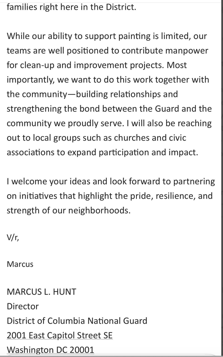 Interesting: The director of D.C. government operations for the D.C. National Guard emailed the city's 300+ Advisory Neighborhood Commissioners today to ask for suggestions on projects where Guard can help on "neighborhood beautification efforts."