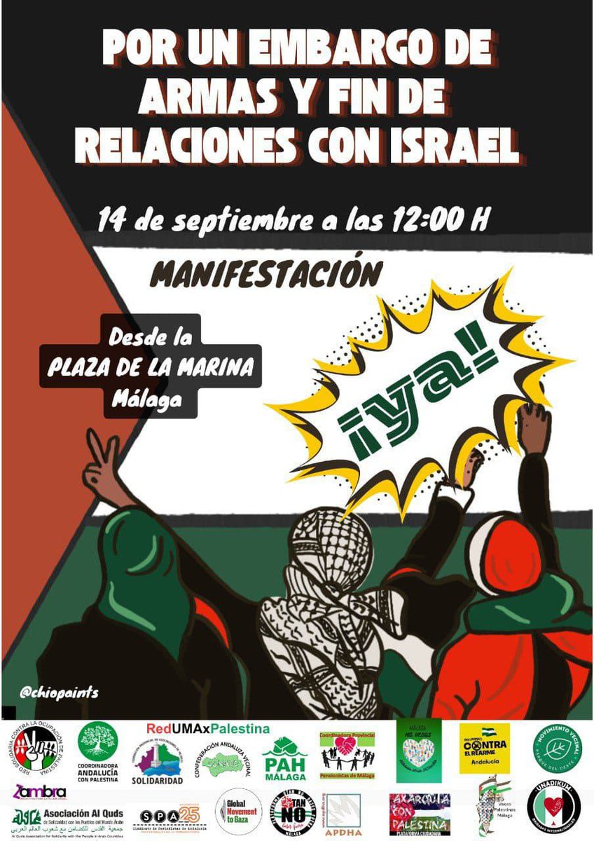 El próximo domingo 14 de septiembre te animamos a participar en la manifestación contra el genocidio que Israel está llevando a cabo en #Gaza. Hoy Israel ha bombardeado un colegio matando niños y niñas inocentes los vecinos y vecinas de #Málaga no podemos mirar a otro lado.