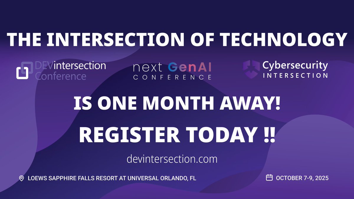 DEVintersection's tweet image. The countdown is on! ⏳ The Intersection of Technology kicks off in 1 month in Orlando.
One pass gets you access to 3 powerhouse conferences – @DEVintersection , @NextGenAIConf & @Cyber_sec_conf
Lock in your spot today → bit.ly/DEVXPOST
#DEVintersection #NextGenAIConf…