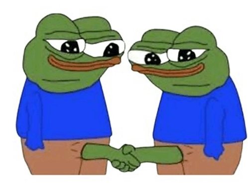 Two Pepe the Frog characters shaking hands, symbolizing agreement on being broke and safe from the attack