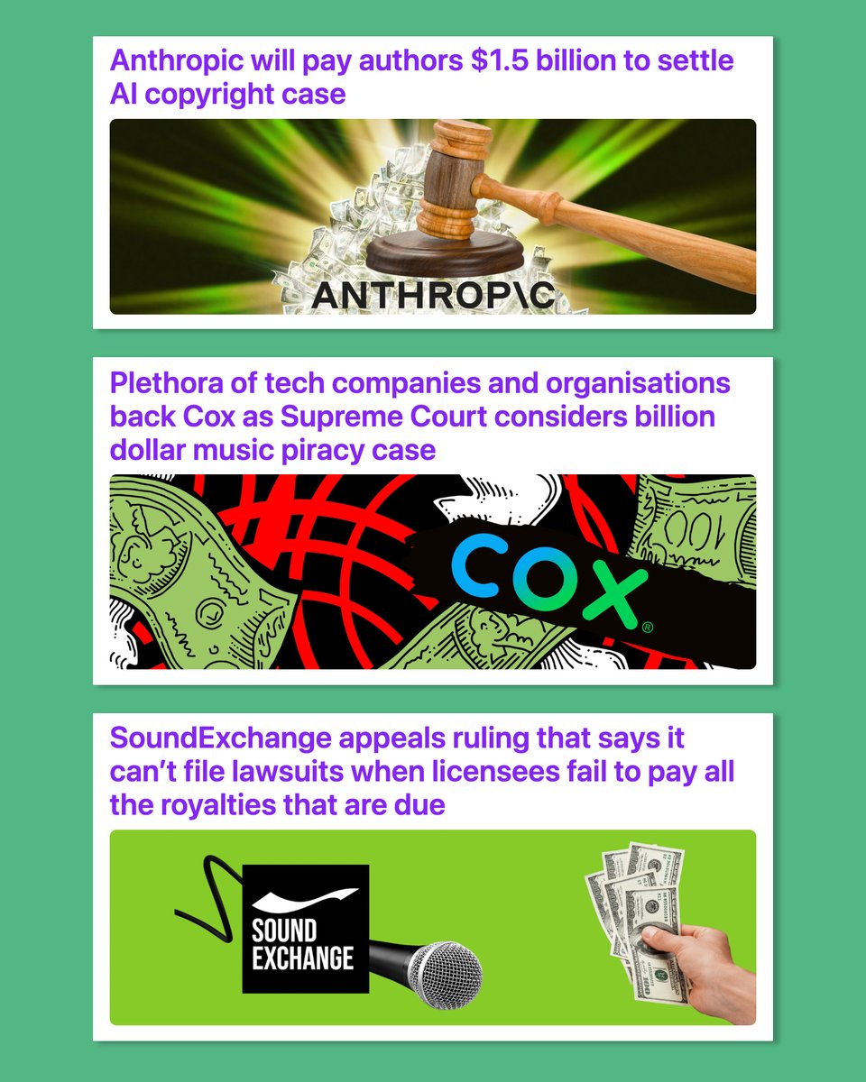 Busy day for music + copyright legal news with the big Anthropic settlement; a plethora of amicus briefs supporting ISP Cox in its billion dollar battle with the major labels; + SoundExchange appealing the ruling that say's it can't sue. Read my reports at completemusicupdate.com