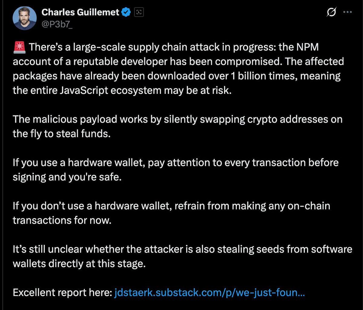 🚨JUST IN: A large-scale crypto supply chain attack is in progress. Ledger  CTO warns, if you use a hardware wallet, verify every transaction before  signing - Everyone else, he suggests refraining from
