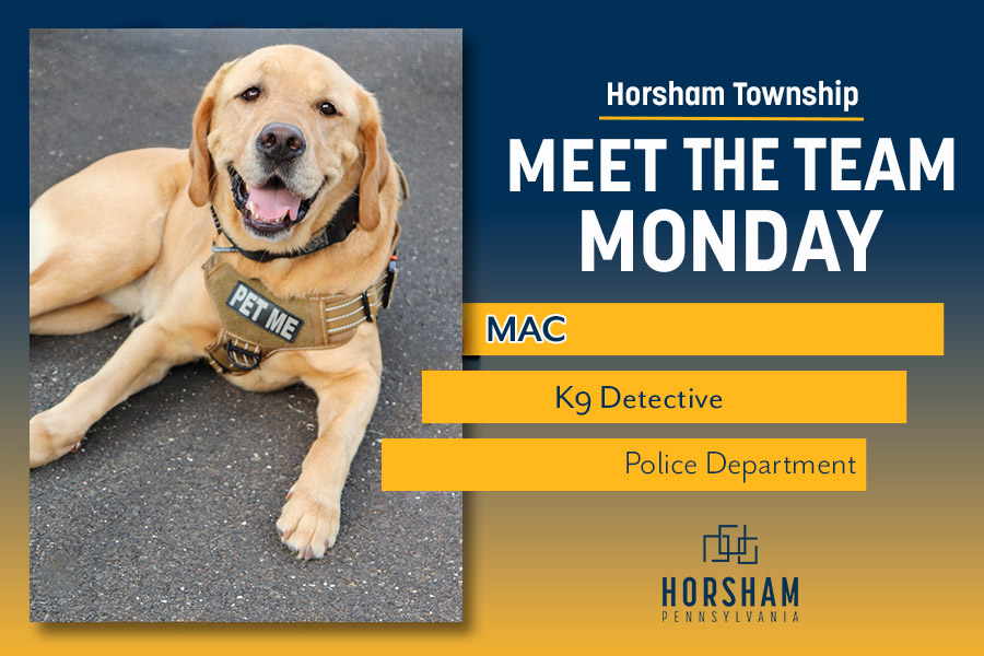 Say hello to Mac, K9 Detective

For the past two years, Mac has been serving Horsham Township Police Department.  
His special talent? Locating hidden electronic storage devices - a skill that plays a huge role in keeping our community safe!
We are proud to have Mac on our team!