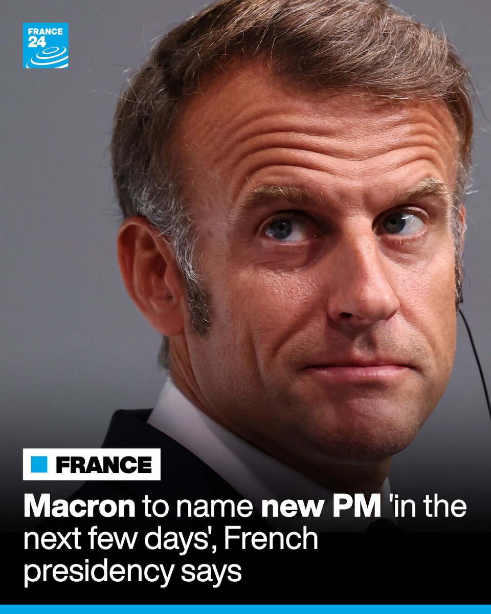 France24_en's tweet image. 🇫🇷 🏛️ The Élysée Palace said President Emmanuel #Macron had &quot;taken note&quot; of the National Assembly’s decision to overturn PM François #Bayrou’s government.

🗨️ A new PM will be named &quot;in the next few days.&quot;

More on our #liveblog here ➡️ go.france24.com/par