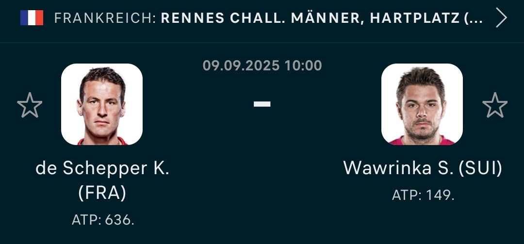 First meeting between Wawrinka (40) and De Schepper (38)! 

You gotta love the challenger tour.